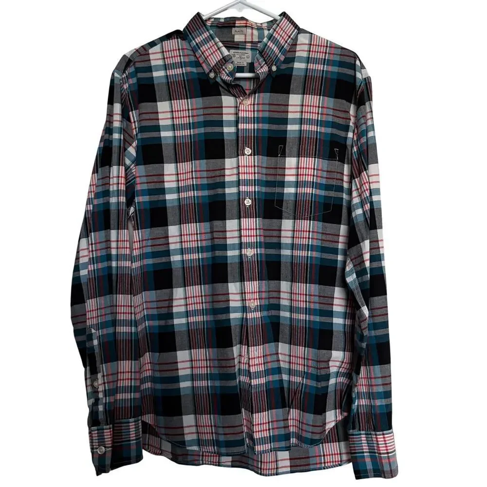 J.Crew Slim Fit Summer Plaid Button Down Shirt Cotton Mens Lg Preppy GORPCORE